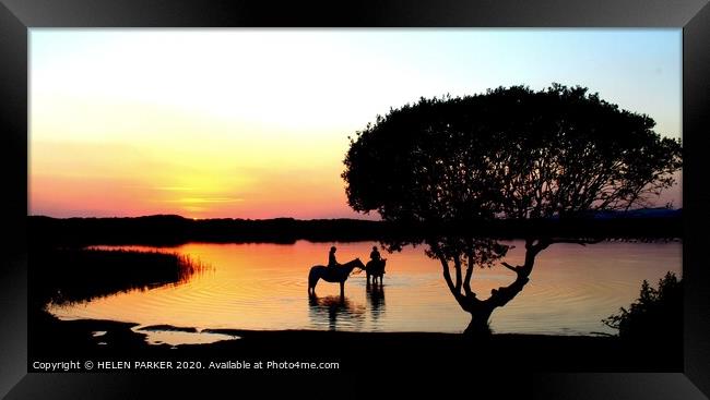 Sunset at Kenfig Pool with visiting horses Framed Print by HELEN PARKER