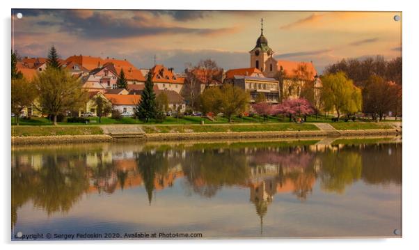 Sunset over the town of Tyn nad Vltavou, Czechia. Springtime evening in Czechia. Acrylic by Sergey Fedoskin