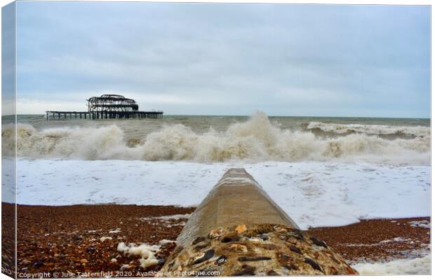Brighton west pier stormy sea Canvas Print by Julie Tattersfield