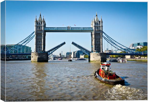 Tower Bridge on River Thames in London opens for a Canvas Print by Peter Bolton