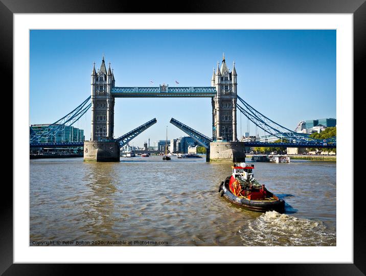 Tower Bridge on River Thames in London opens for a Framed Mounted Print by Peter Bolton
