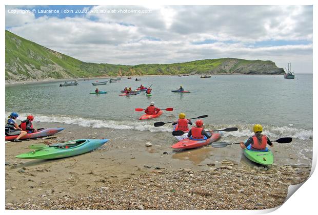 Canoes at Lulworth Cove, Dorset Print by Laurence Tobin