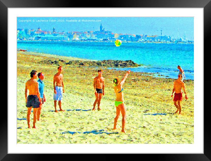 Ball Game on the Beach in watercolour style Framed Mounted Print by Laurence Tobin