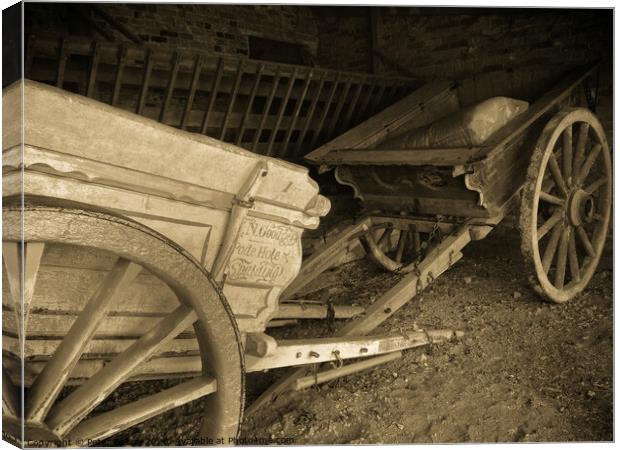 Victorian farm carts in a barn at Coggeshall, a village in Essex, UK Canvas Print by Peter Bolton