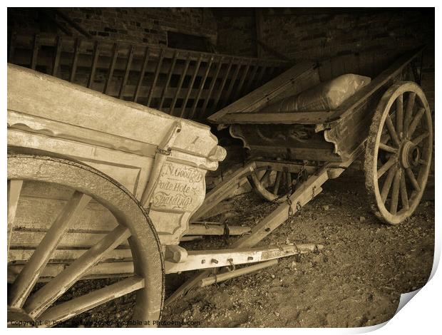 Victorian farm carts in a barn at Coggeshall, a village in Essex, UK Print by Peter Bolton