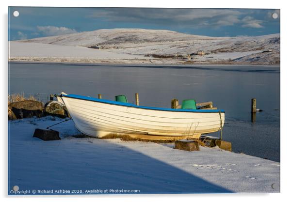 Shetland small white fishing boat in snow at Tingw Acrylic by Richard Ashbee