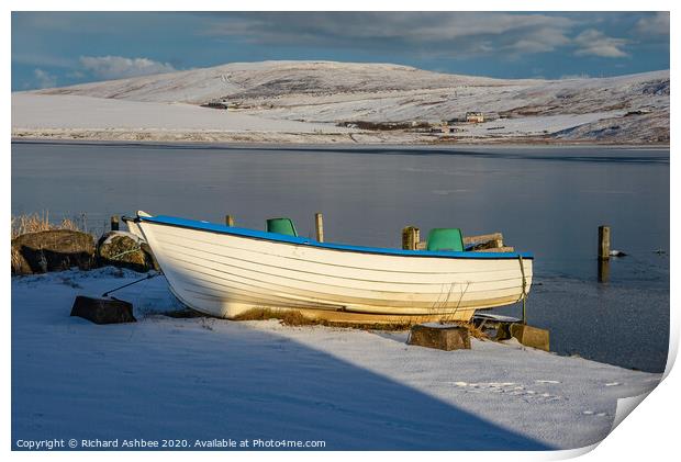 Shetland small white fishing boat in snow at Tingw Print by Richard Ashbee