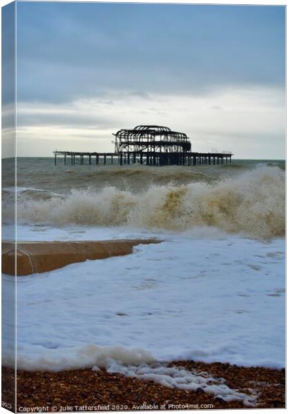 Brighton west pier stormy waves Canvas Print by Julie Tattersfield