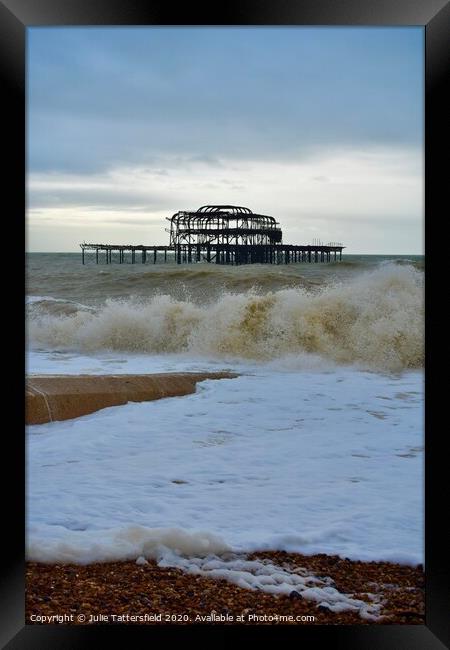 Brighton west pier stormy waves Framed Print by Julie Tattersfield