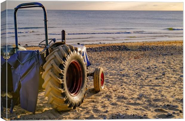 Rear view of tractor on Cromer beach at sunrise Canvas Print by Chris Yaxley