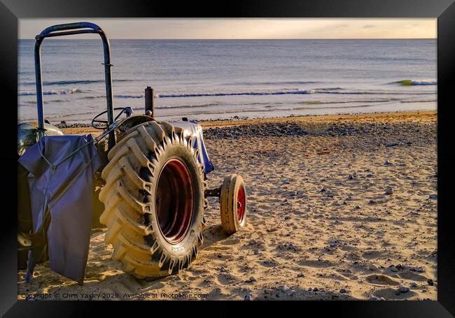 Rear view of tractor on Cromer beach at sunrise Framed Print by Chris Yaxley