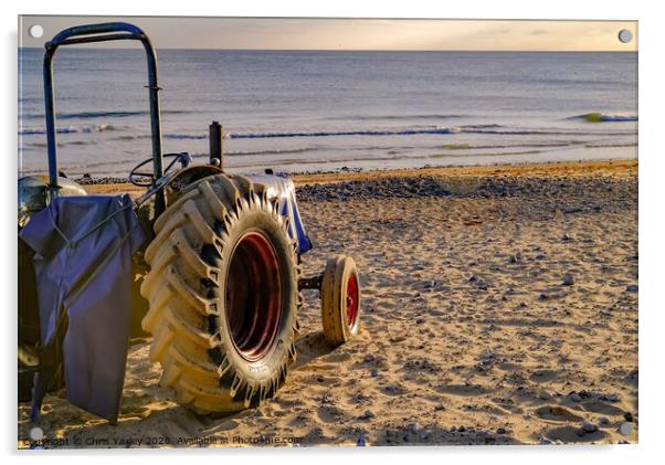 Rear view of tractor on Cromer beach at sunrise Acrylic by Chris Yaxley