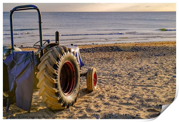 Rear view of tractor on Cromer beach at sunrise Print by Chris Yaxley