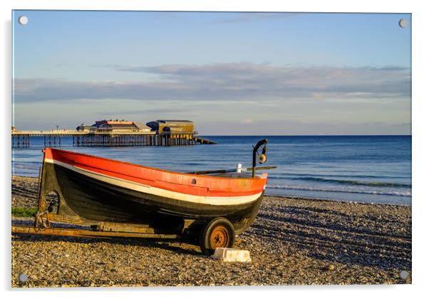 Crab fishing boat at sunrise on Cromer beach, Norfolk Acrylic by Chris Yaxley