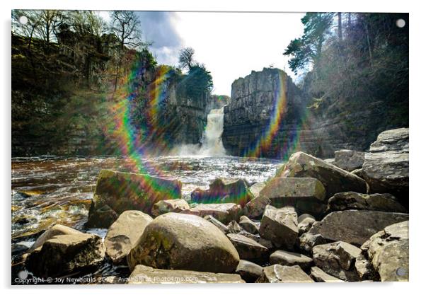 High Force Waterfall with rainbow spray Acrylic by Joy Newbould
