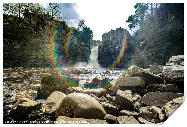 High Force Waterfall with rainbow spray Print by Joy Newbould
