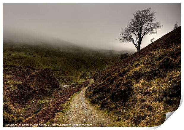 Moorland track on misty day Print by Beverley Middleton