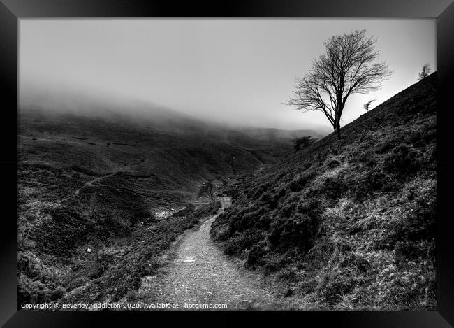 Moorland track on misty day Framed Print by Beverley Middleton