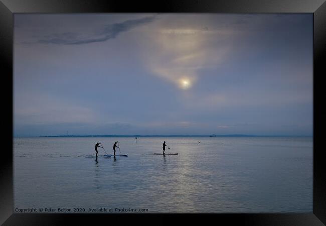 Paddle boarders on the River Thames at Westcliff o Framed Print by Peter Bolton