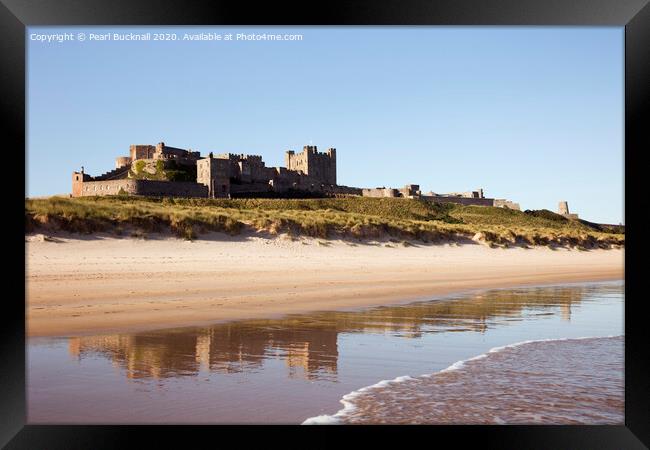 Bamburgh Castle Reflected on Beach Framed Print by Pearl Bucknall