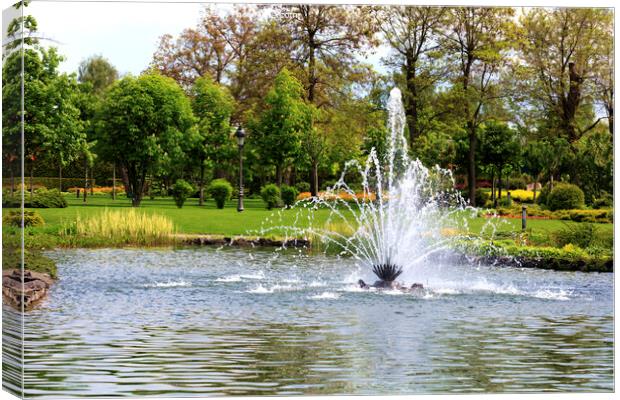 Beautiful fountain in the midst of a spring pond against the backdrop of a picturesque city park Canvas Print by Sergii Petruk