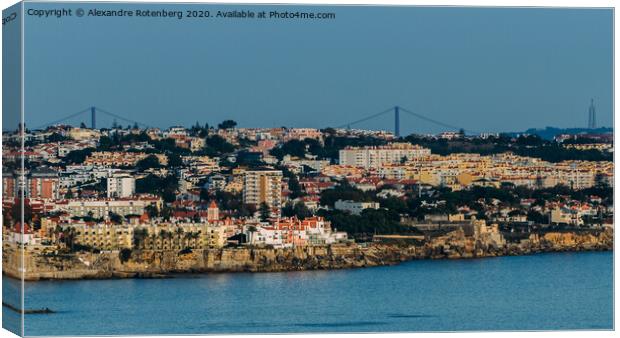 View from Cascais eastwards towards Lisbon with Ponte 25 de Abril and Rei Cristo visible, Lisbon, Portugal Canvas Print by Alexandre Rotenberg