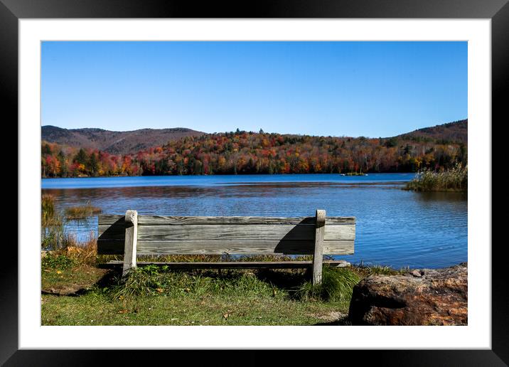 Wooden bench with colored autumn mountains Framed Mounted Print by Miro V