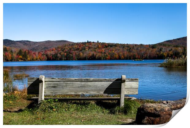 Wooden bench with colored autumn mountains Print by Miro V