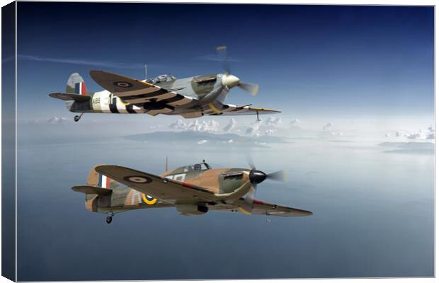 Spitfire and hurricane - Brothers in Arms Canvas Print by David Stanforth