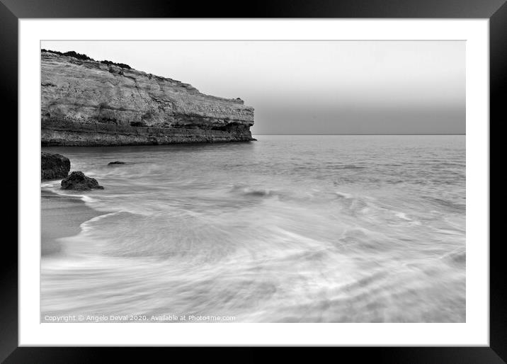 Dusk Scene in Albandeira beach. Monochrome Framed Mounted Print by Angelo DeVal