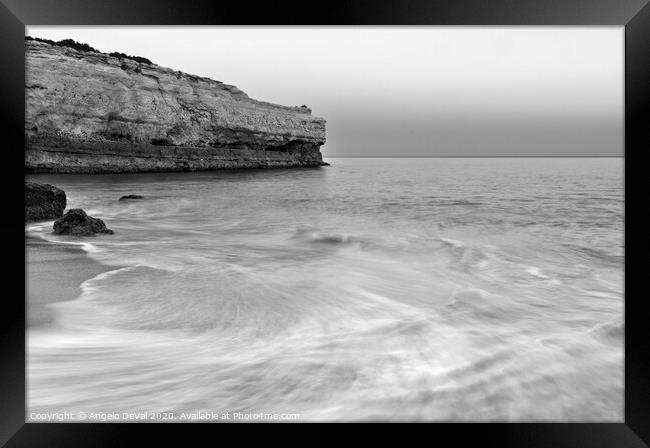 Dusk Scene in Albandeira beach. Monochrome Framed Print by Angelo DeVal