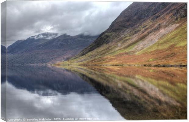 Crummock water reflection Canvas Print by Beverley Middleton