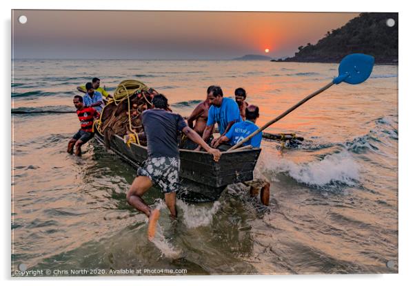 Goa, fisherman launching boat at sunset. Acrylic by Chris North
