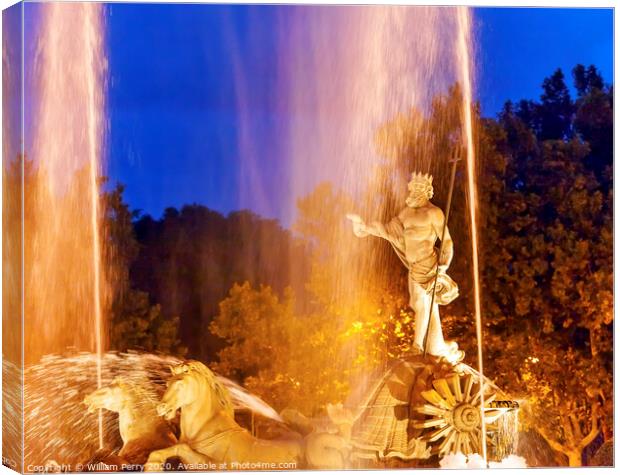 Neptune Chariot Horses Statue Fountain Night Madrid Spain Canvas Print by William Perry