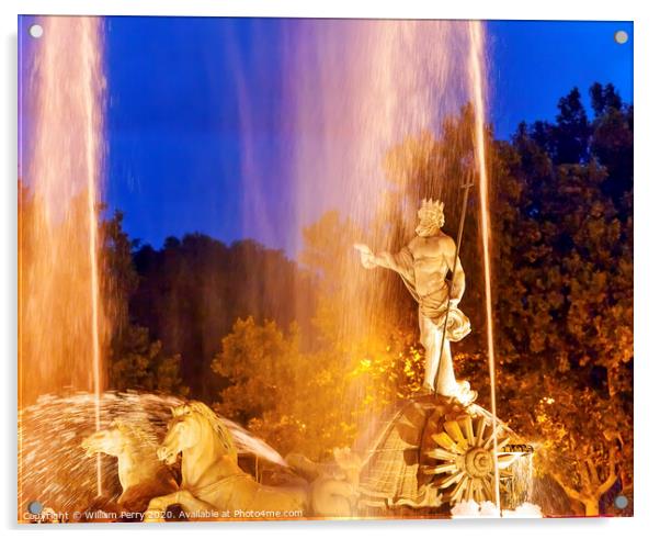 Neptune Chariot Horses Statue Fountain Night Madrid Spain Acrylic by William Perry