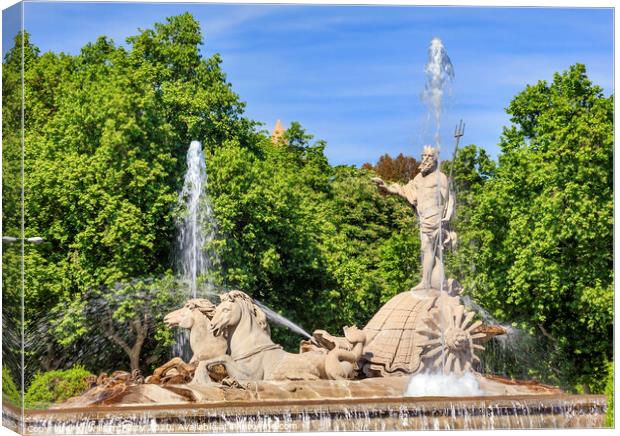 Neptune Chariot Horses Statue Fountain Madrid Spain Canvas Print by William Perry