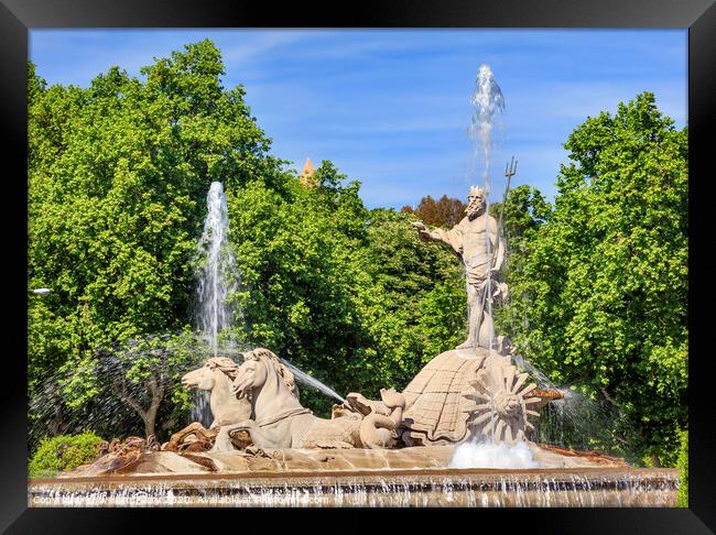 Neptune Chariot Horses Statue Fountain Madrid Spain Framed Print by William Perry