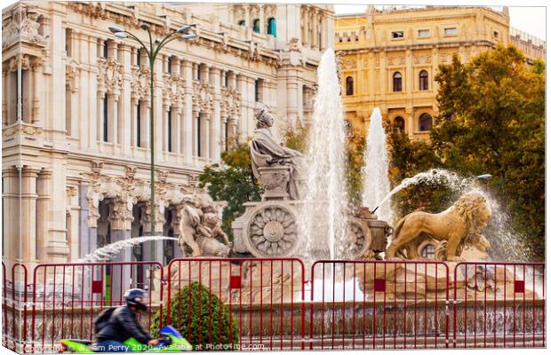 Cybele Chariot Lions Statue Fountain Plaza de Cibeles Madrid Spain Canvas Print by William Perry