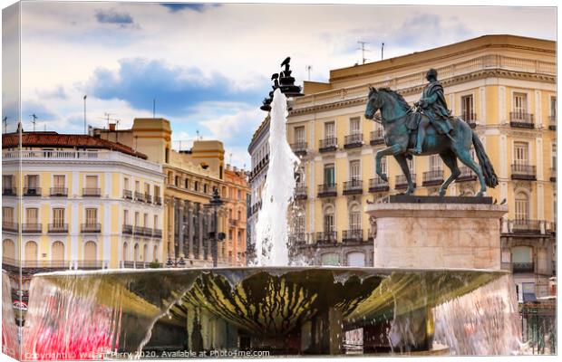 Puerta del Sol Plaza Fountain King Carlos Statue Madrid Spain Canvas Print by William Perry