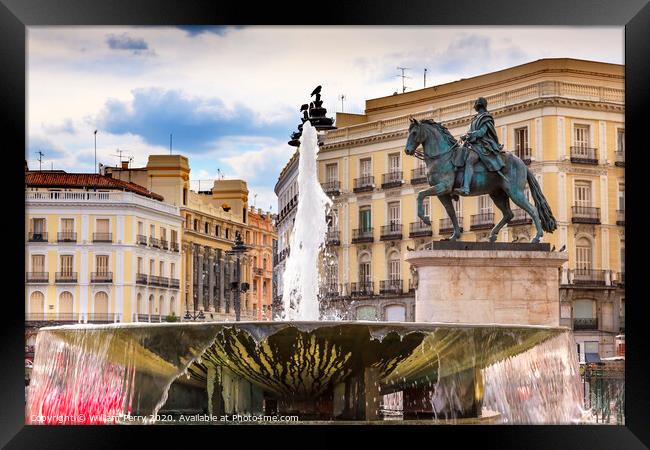 Puerta del Sol Plaza Fountain King Carlos Statue Madrid Spain Framed Print by William Perry