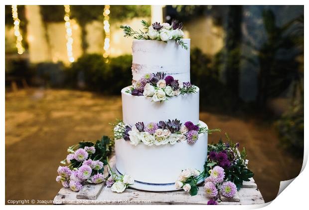 Pretty three-tier wedding cake decorated for a wedding event. Print by Joaquin Corbalan