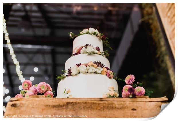 Pretty three-tier wedding cake decorated for a wedding event. Print by Joaquin Corbalan