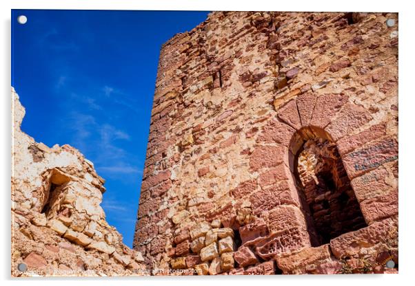 Walls of an old abandoned European castle with blue sky background. Acrylic by Joaquin Corbalan