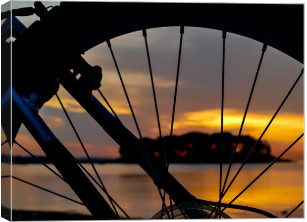 Wheel silhouette from bike and sunrise light  Canvas Print by Miro V