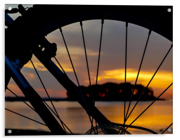 Wheel silhouette from bike and sunrise light  Acrylic by Miro V