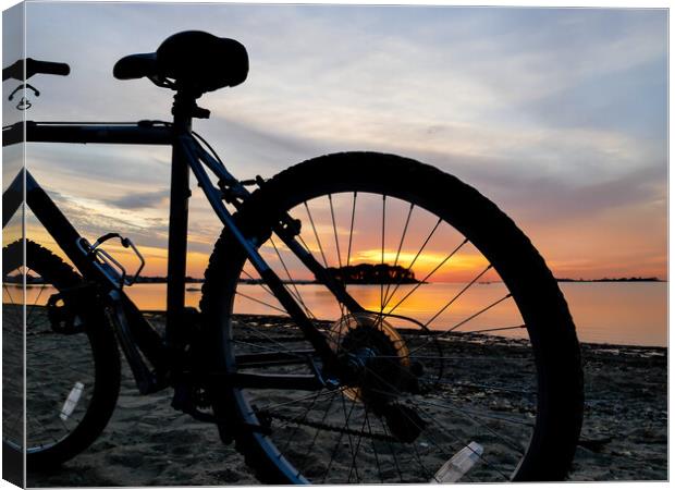 Bike silhouette and sunrise light on beach Canvas Print by Miro V