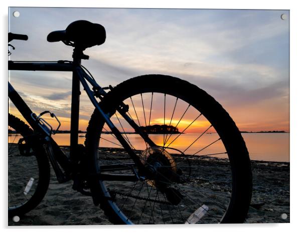 Bike silhouette and sunrise light on beach Acrylic by Miro V