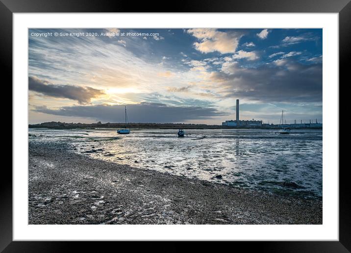 View from Calshot Beach showing boats with Fawley  Framed Mounted Print by Sue Knight