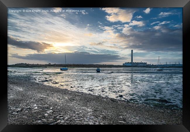 View from Calshot Beach showing boats with Fawley  Framed Print by Sue Knight