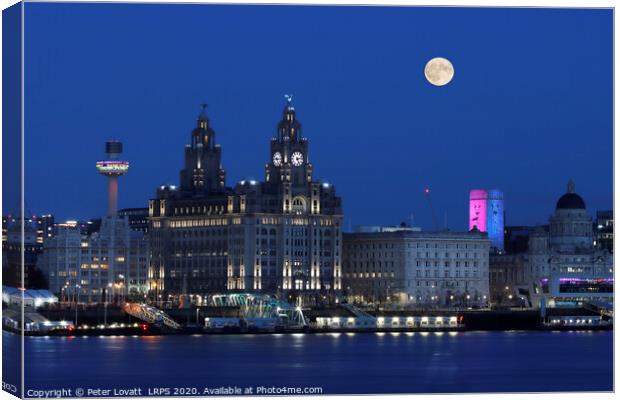 Liverpool Waterfront and Full Moon Canvas Print by Peter Lovatt  LRPS